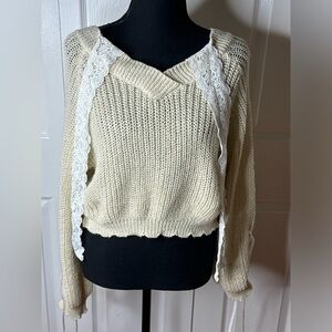 Romwe Kawaii Cable Knit Lace Up Cold Shoulder Sweater,